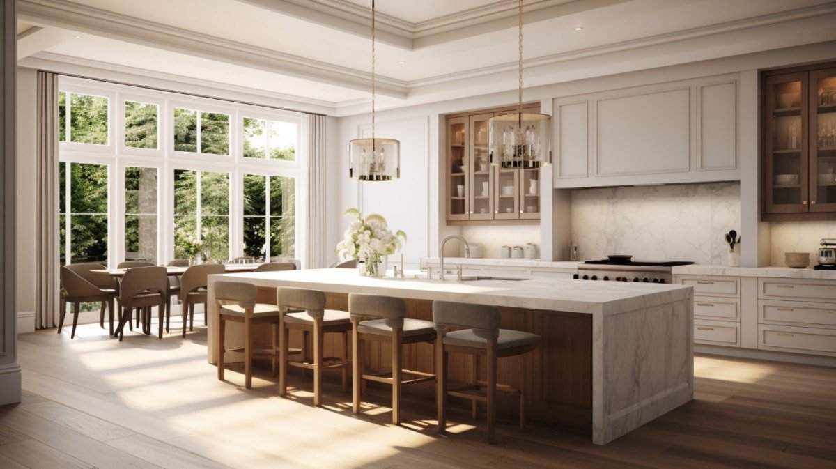 High end large kitchen diner with marble counter and bespoke cabinetry. Designed by Helena Smith. Knutsford Mansion.