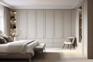 Built-in wardrobes designed by Helena Smith Interiors for a client requesting bespoke joinery in Alderley Edge.