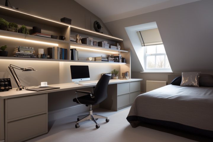 Knutsford Teenage Bedroom Design with bespoke desk and shelving.